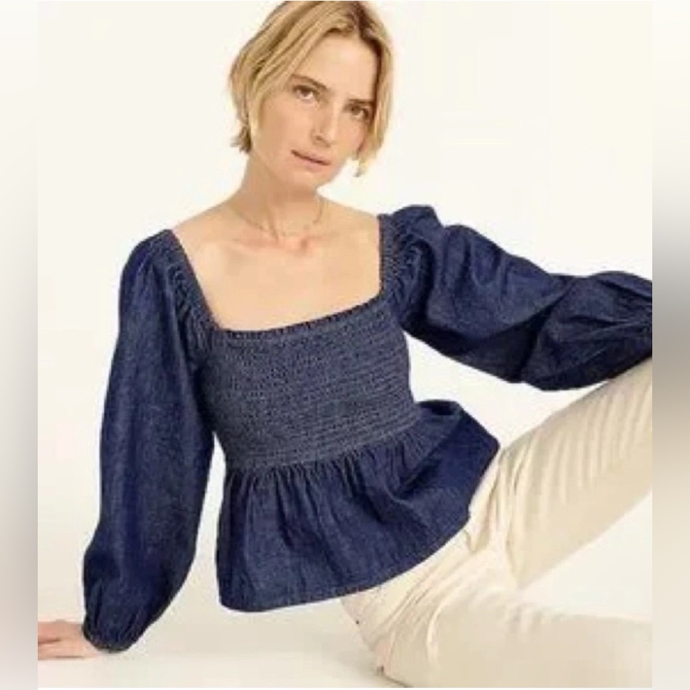 J. Crew Puff Sleeve Chambray Smocked Dark Denim Blue Sz. XL - Off The Shoulder